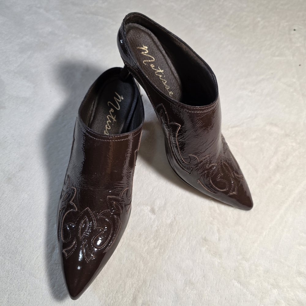 Matisse Chocolate Embossed Patent Leather Mules
